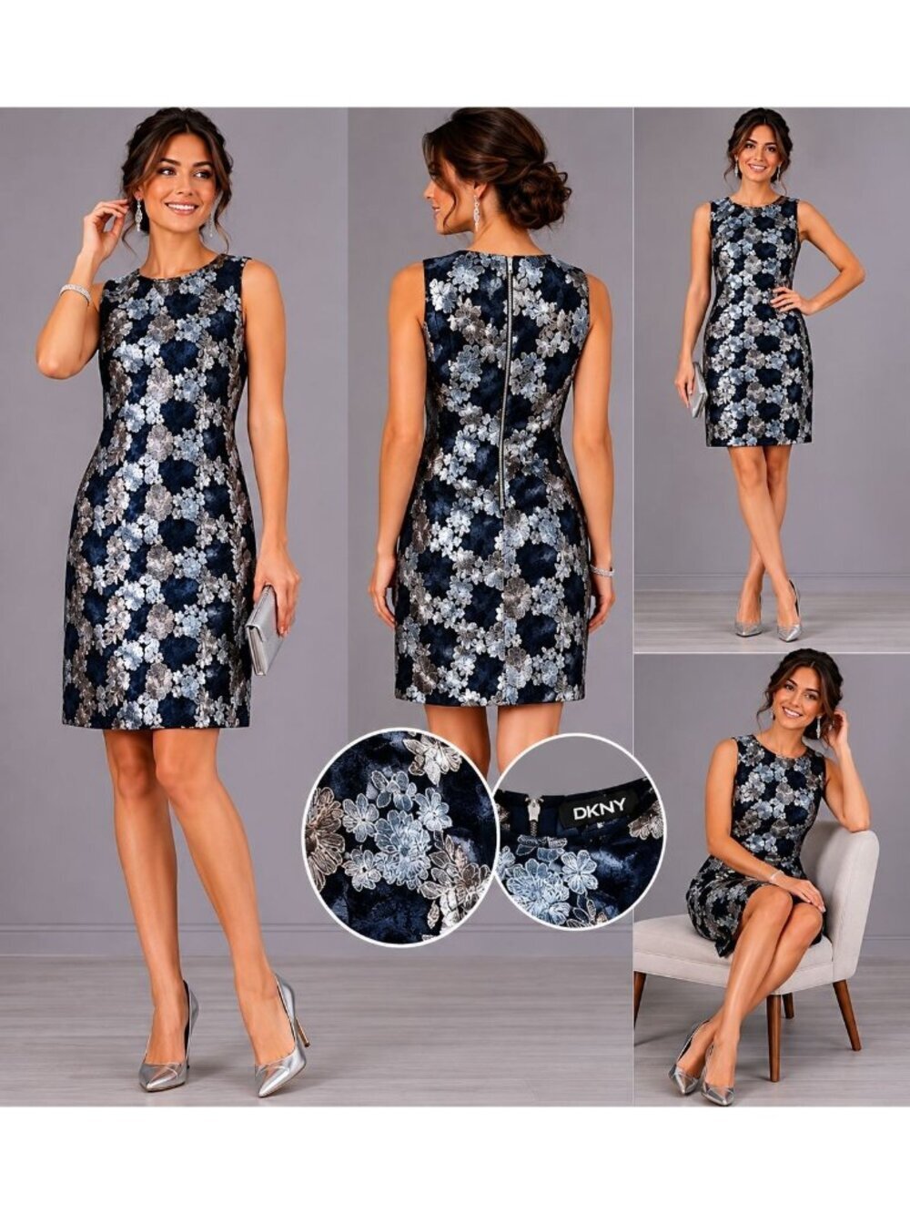 DKNY Sleeveless Floral Jacquard  Dress W/Back Zipper Navy Blue/Light Blue Small